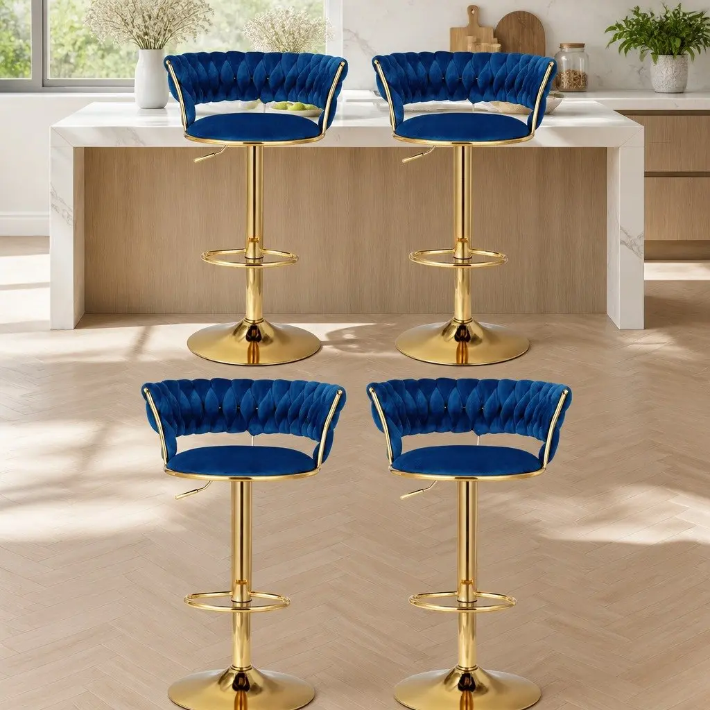 Bar Stools Adjustable Height Navy Blue Velvet Set of 4 Woven Backrest with Cushioned Support