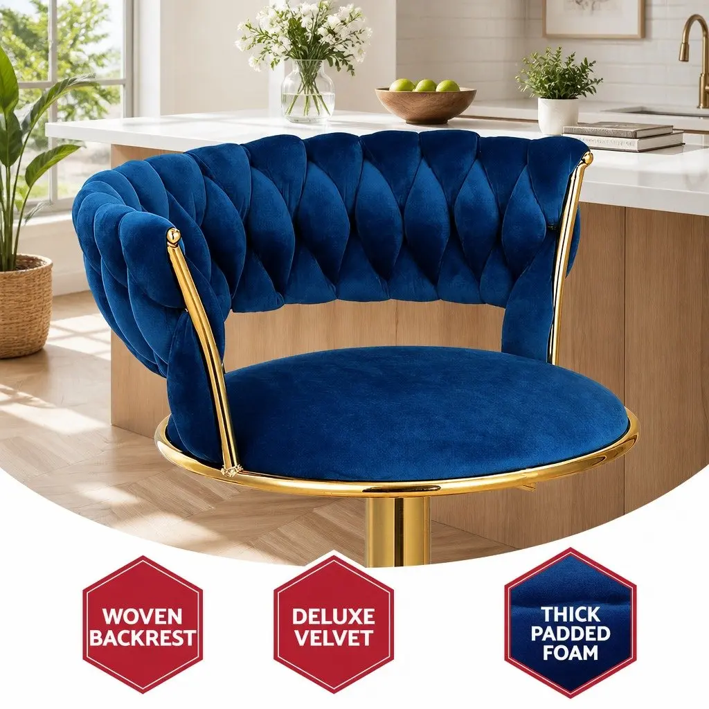 Bar Stools Adjustable Height Navy Blue Velvet Set of 4 Woven Backrest with Cushioned Support