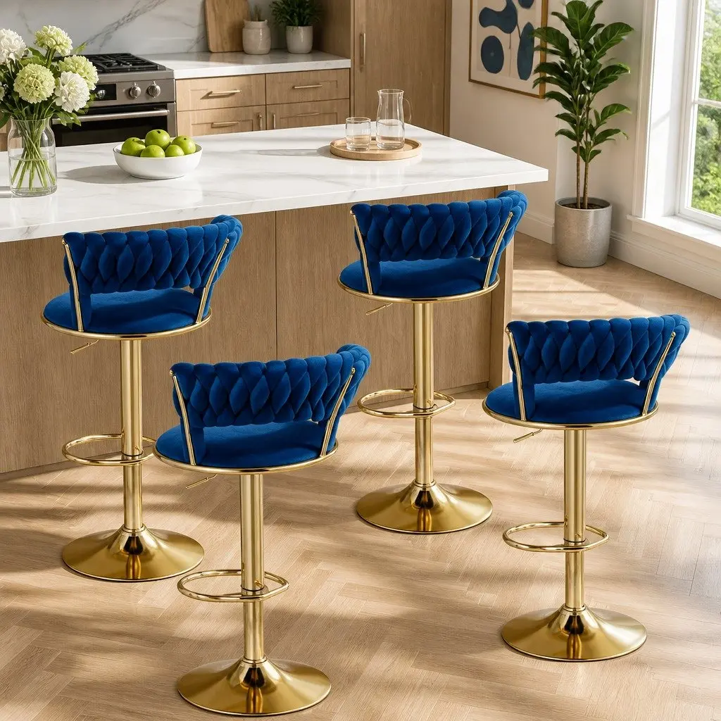 Bar Stools Adjustable Height Navy Blue Velvet Set of 4 Woven Backrest with Cushioned Support