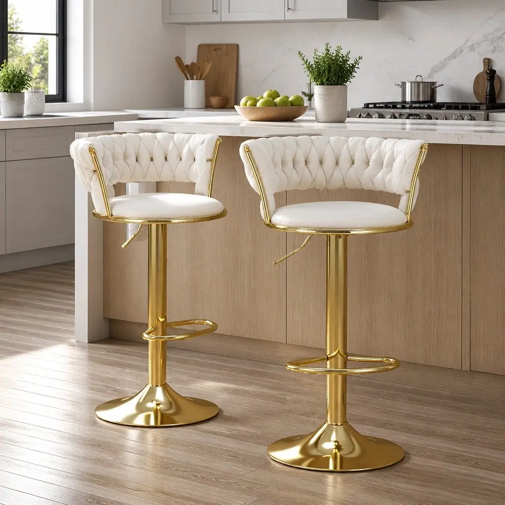 Bar Stools Adjustable Height Velvet Beige Swivel Seat with Woven Backrest 2 Piece