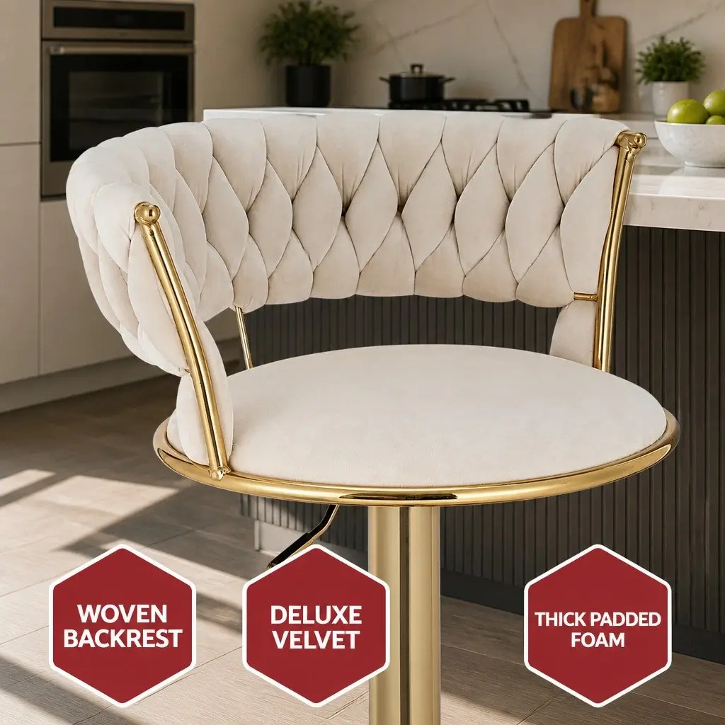Bar Stools Adjustable Height Velvet Beige Swivel Seat with Woven Backrest 2 Piece