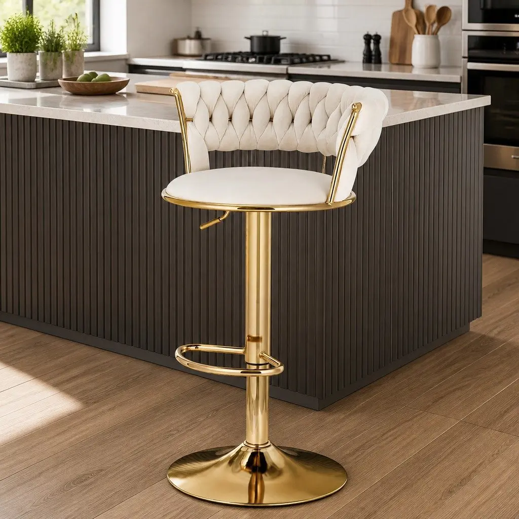 Bar Stools Adjustable Height Velvet Beige Swivel Seat with Woven Backrest 2 Piece