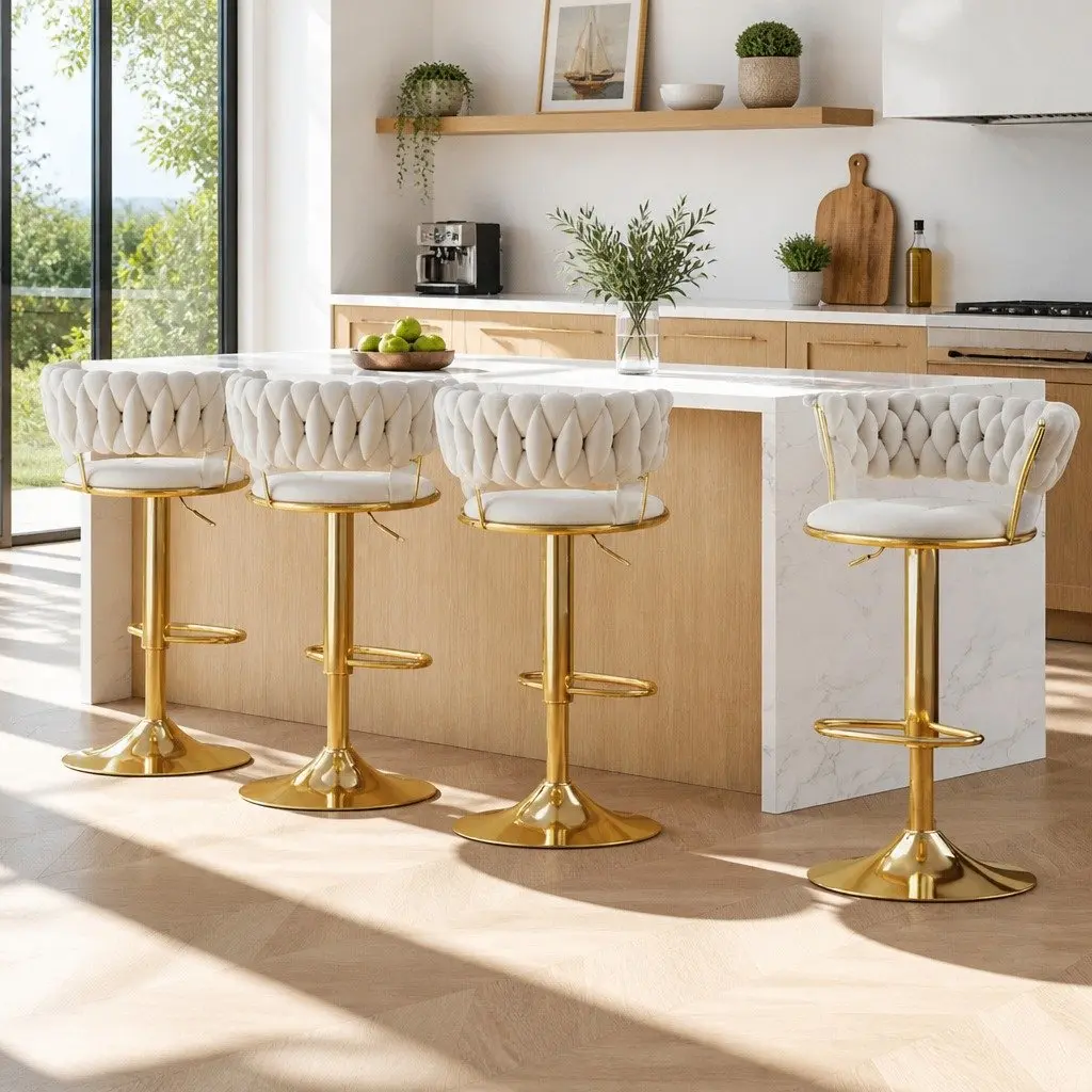 Bar Stools Set of 4 Gas Lift Velvet Backrest Swivel Height Adjustable Beige