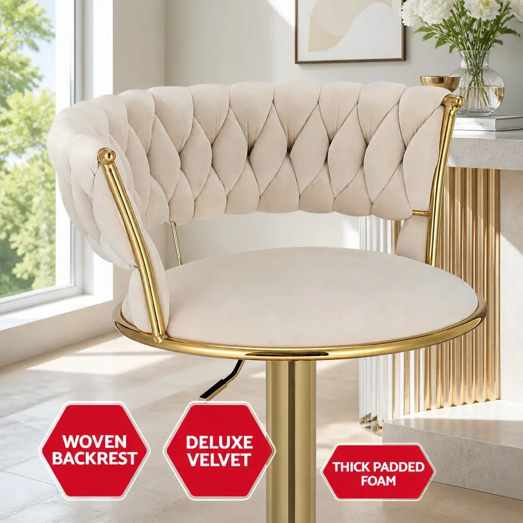 Bar Stools Set of 4 Gas Lift Velvet Backrest Swivel Height Adjustable Beige