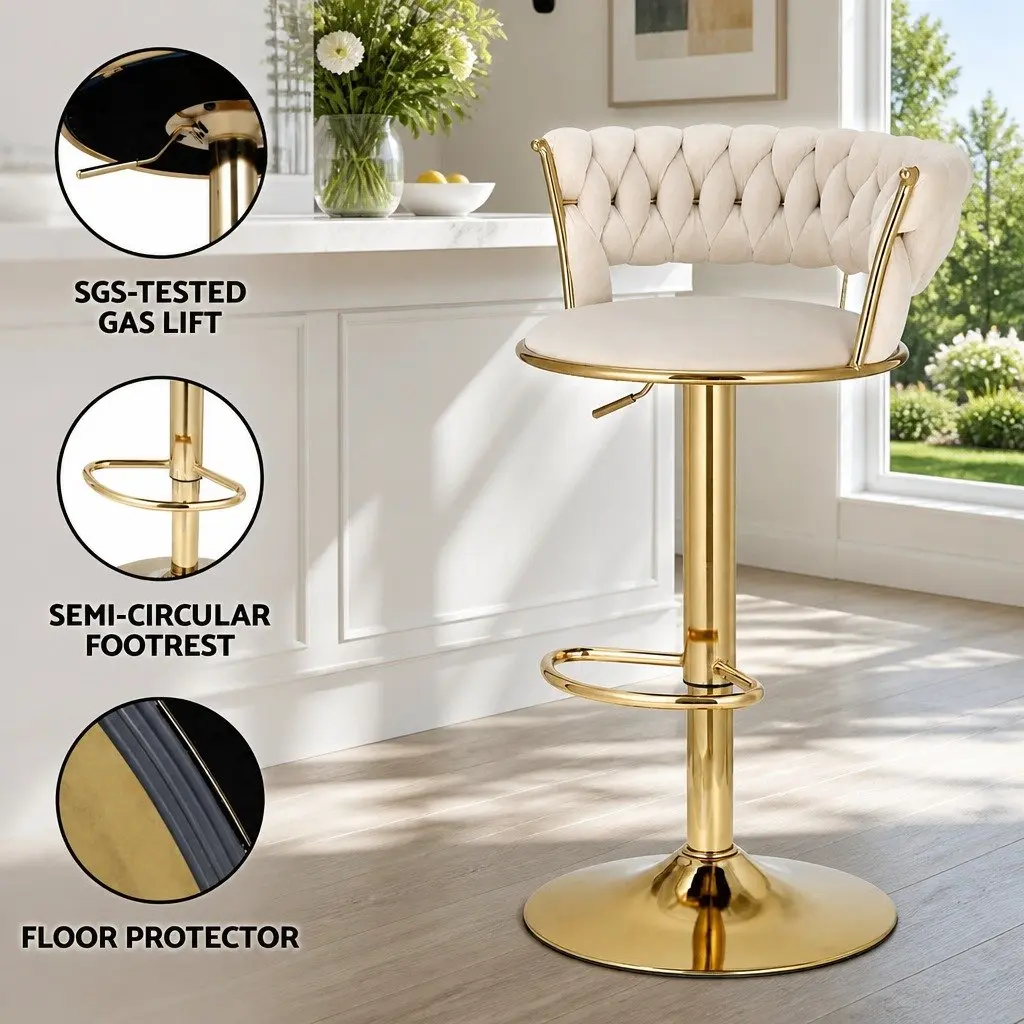 Bar Stools Set of 4 Gas Lift Velvet Backrest Swivel Height Adjustable Beige