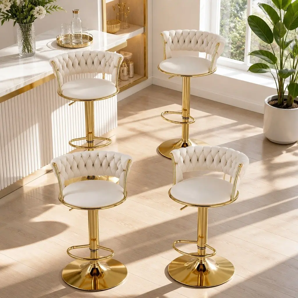 Bar Stools Set of 4 Gas Lift Velvet Backrest Swivel Height Adjustable Beige