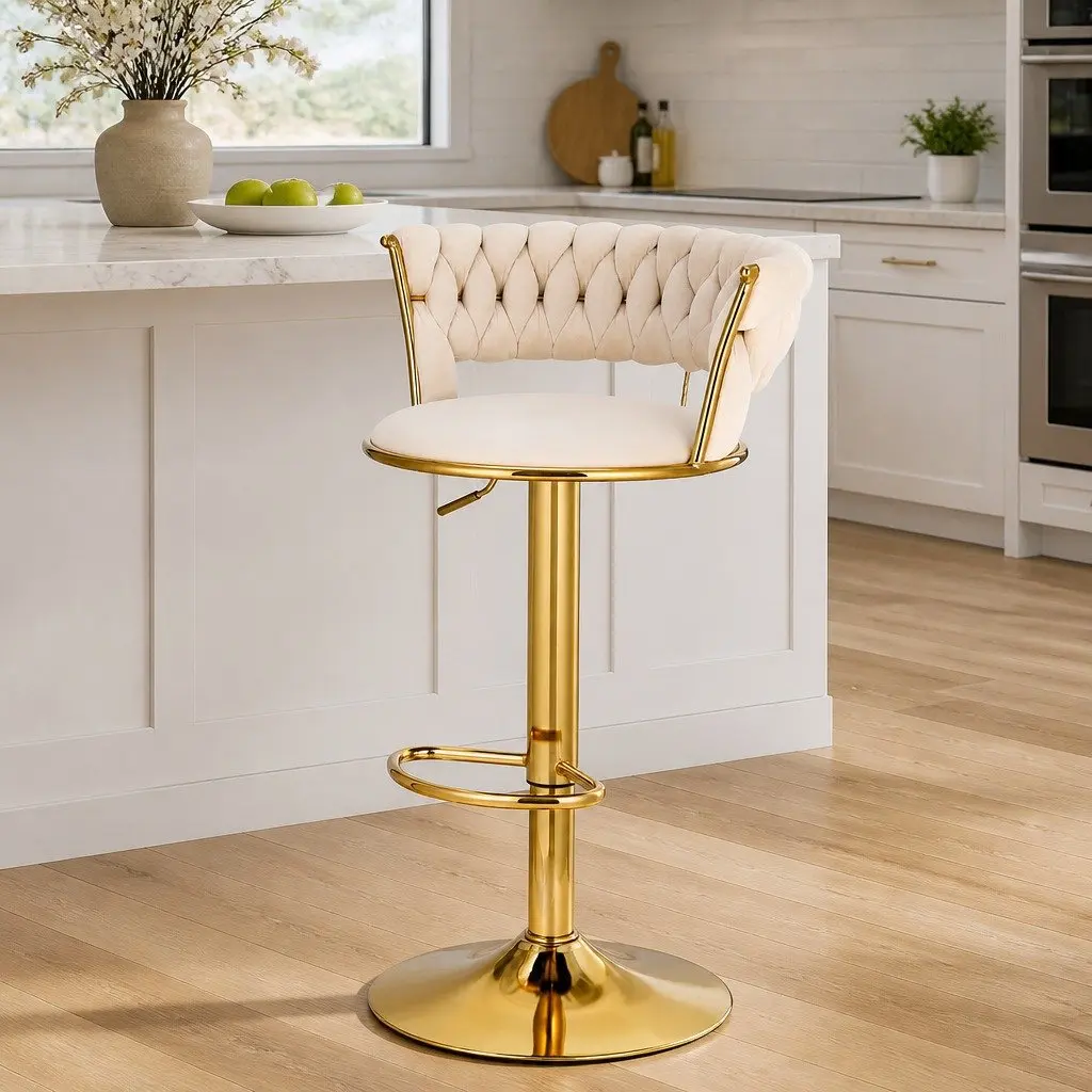 Bar Stools Gas Lift Velvet Woven Backrest Kitchen Counter Chairs Ivory