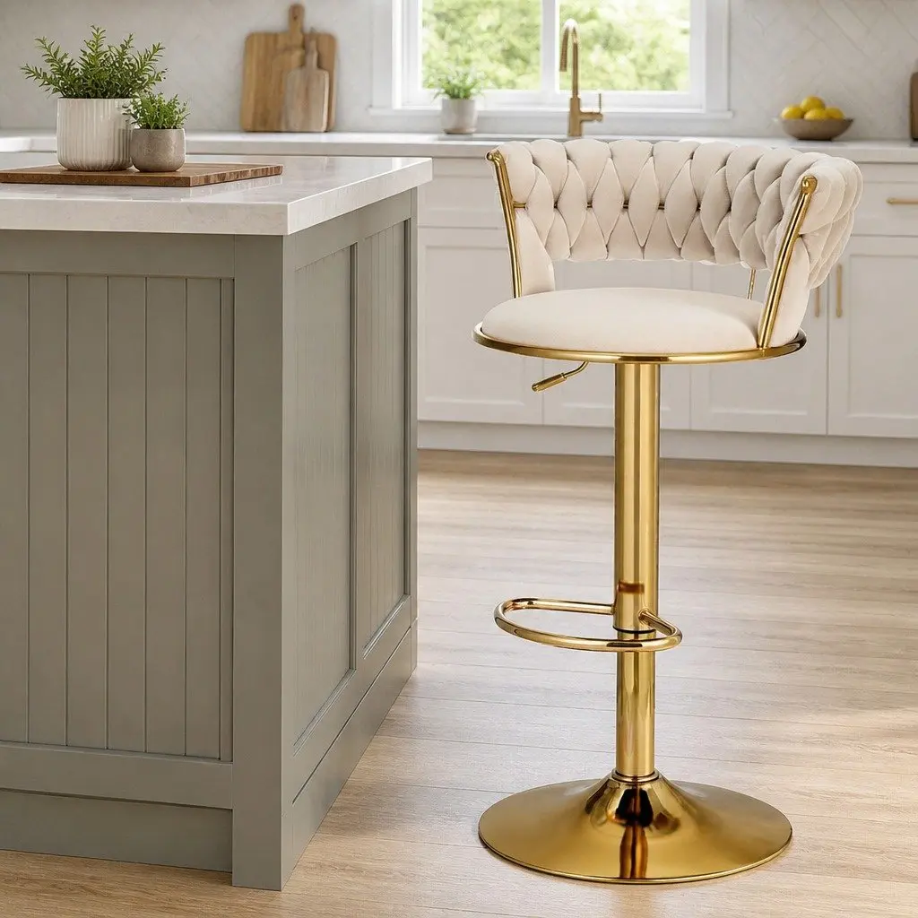 Bar Stools Gas Lift Velvet Woven Backrest Kitchen Counter Chairs Ivory