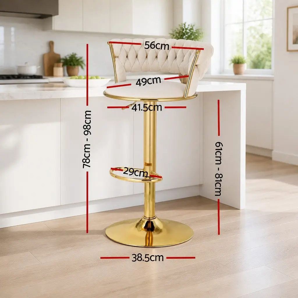 Bar Stools Gas Lift Velvet Woven Backrest Kitchen Counter Chairs Ivory