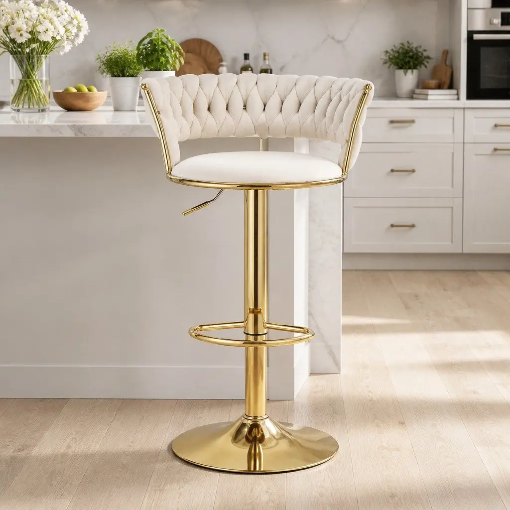 Bar Stools Gas Lift Velvet Woven Backrest Kitchen Counter Chairs Ivory