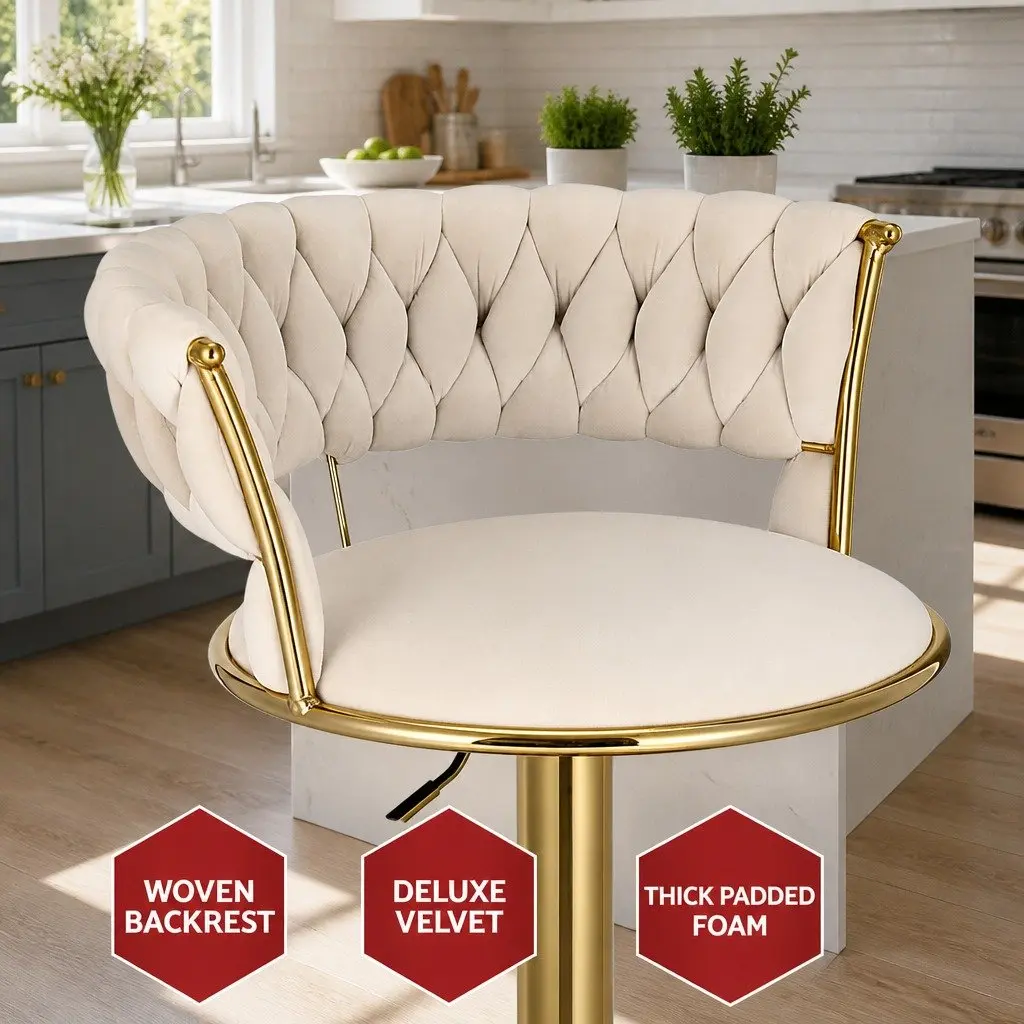 Bar Stools Gas Lift Velvet Woven Backrest Kitchen Counter Chairs Ivory