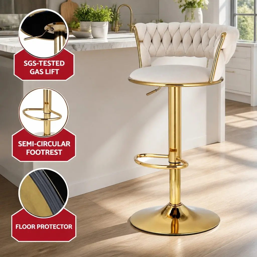 Bar Stools Gas Lift Velvet Woven Backrest Kitchen Counter Chairs Ivory