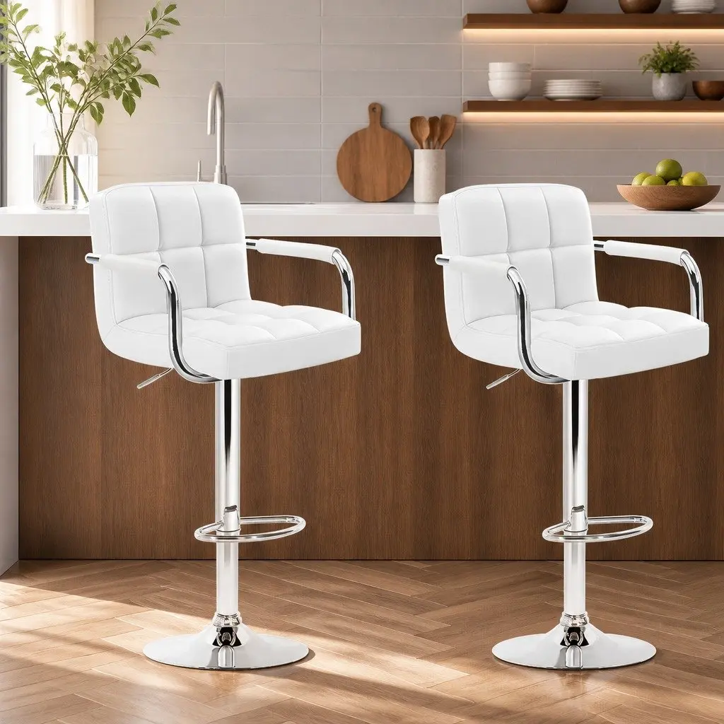 Bar Stools Adjustable Height Swivel Armrest White 2 Piece