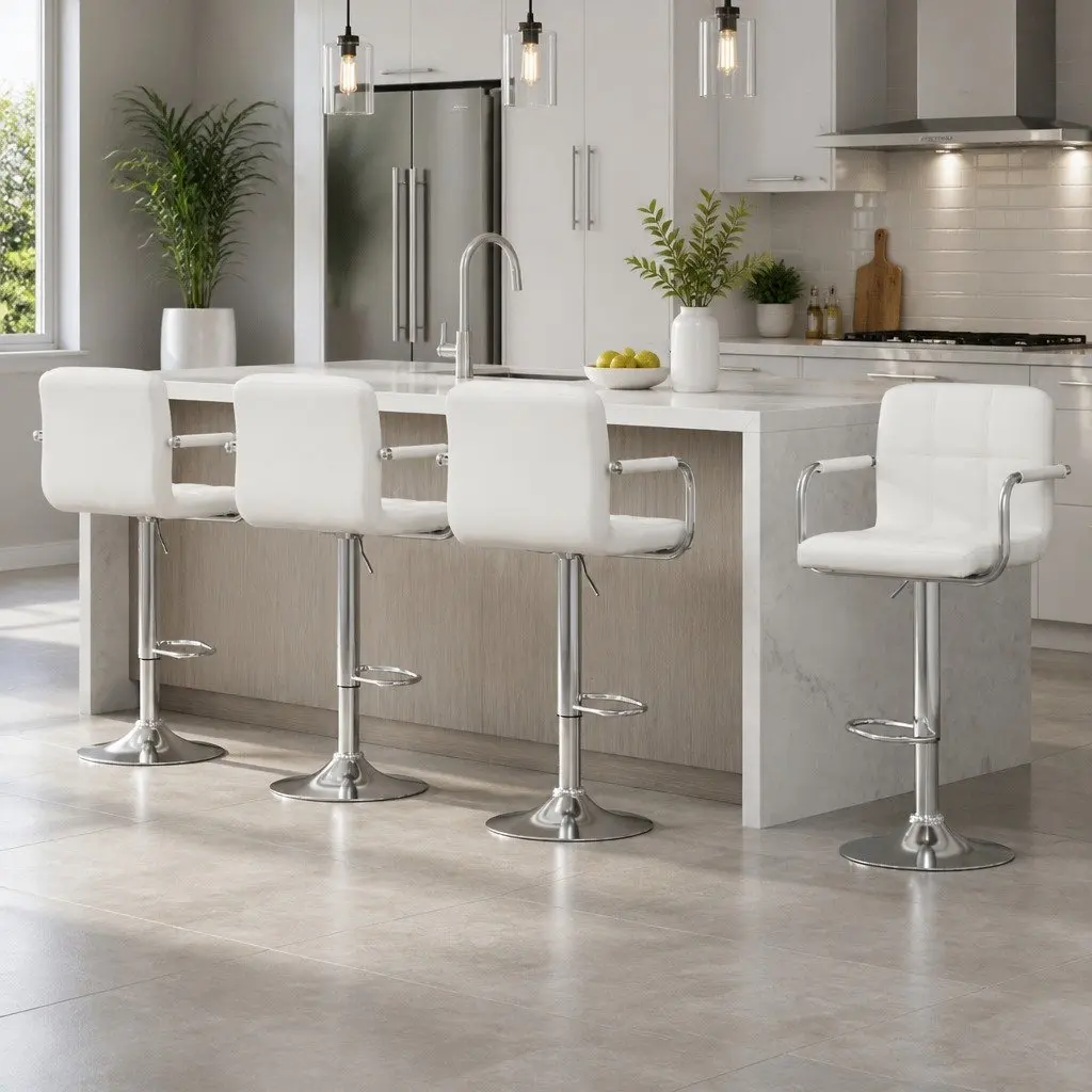 Bar Stools Set of 4 Gas Lift Swivel Armrest White Padded Seat