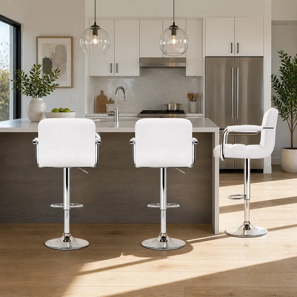 Bar Stools Set of 4 Gas Lift Swivel Armrest White Padded Seat