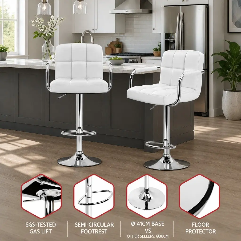 Bar Stools Set of 4 Gas Lift Swivel Armrest White Padded Seat