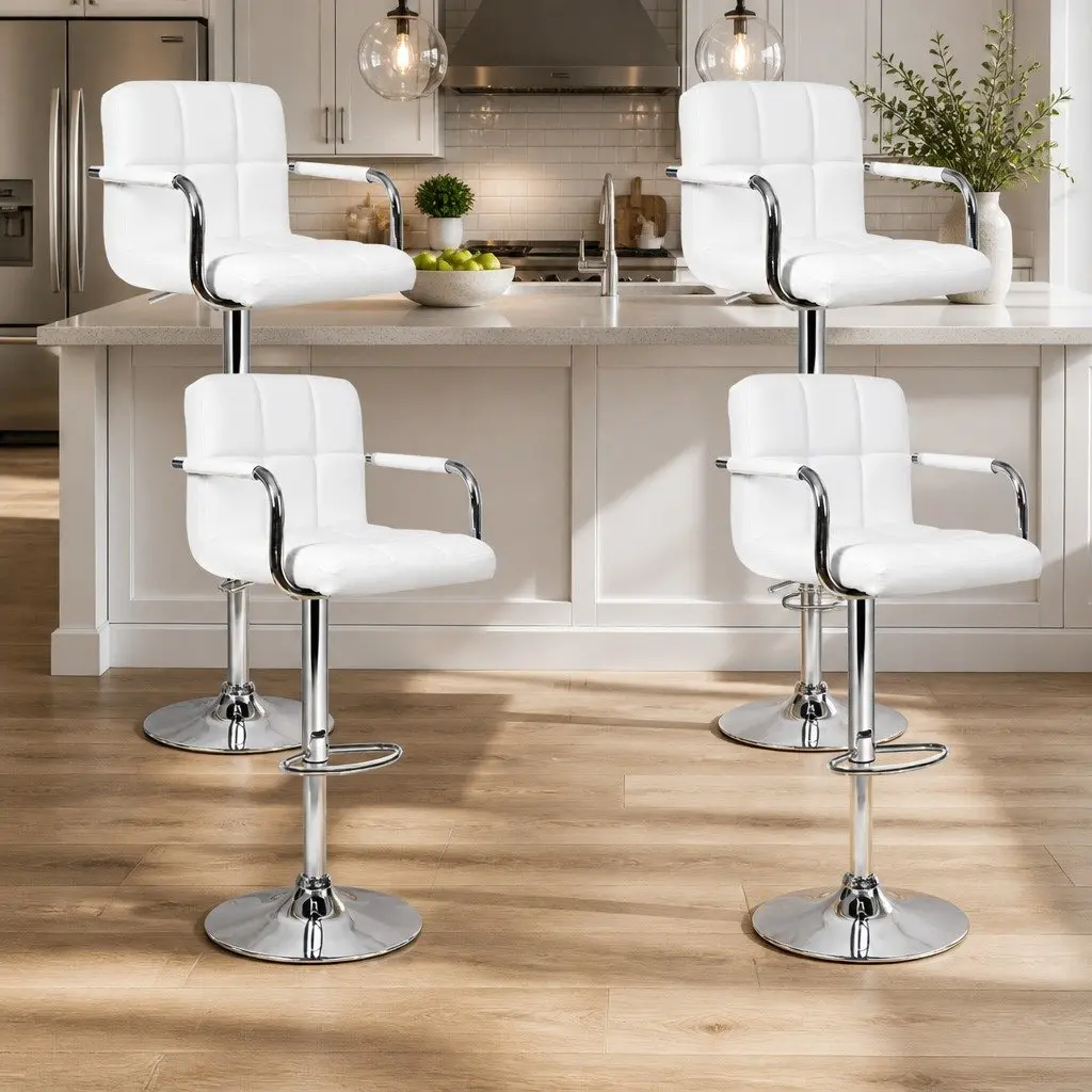 Bar Stools Set of 4 Gas Lift Swivel Armrest White Padded Seat