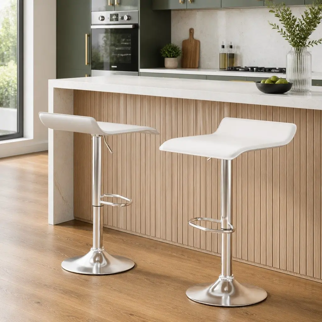 Bar Stools Adjustable Height Swivel Chair White PU Leather 2 Piece