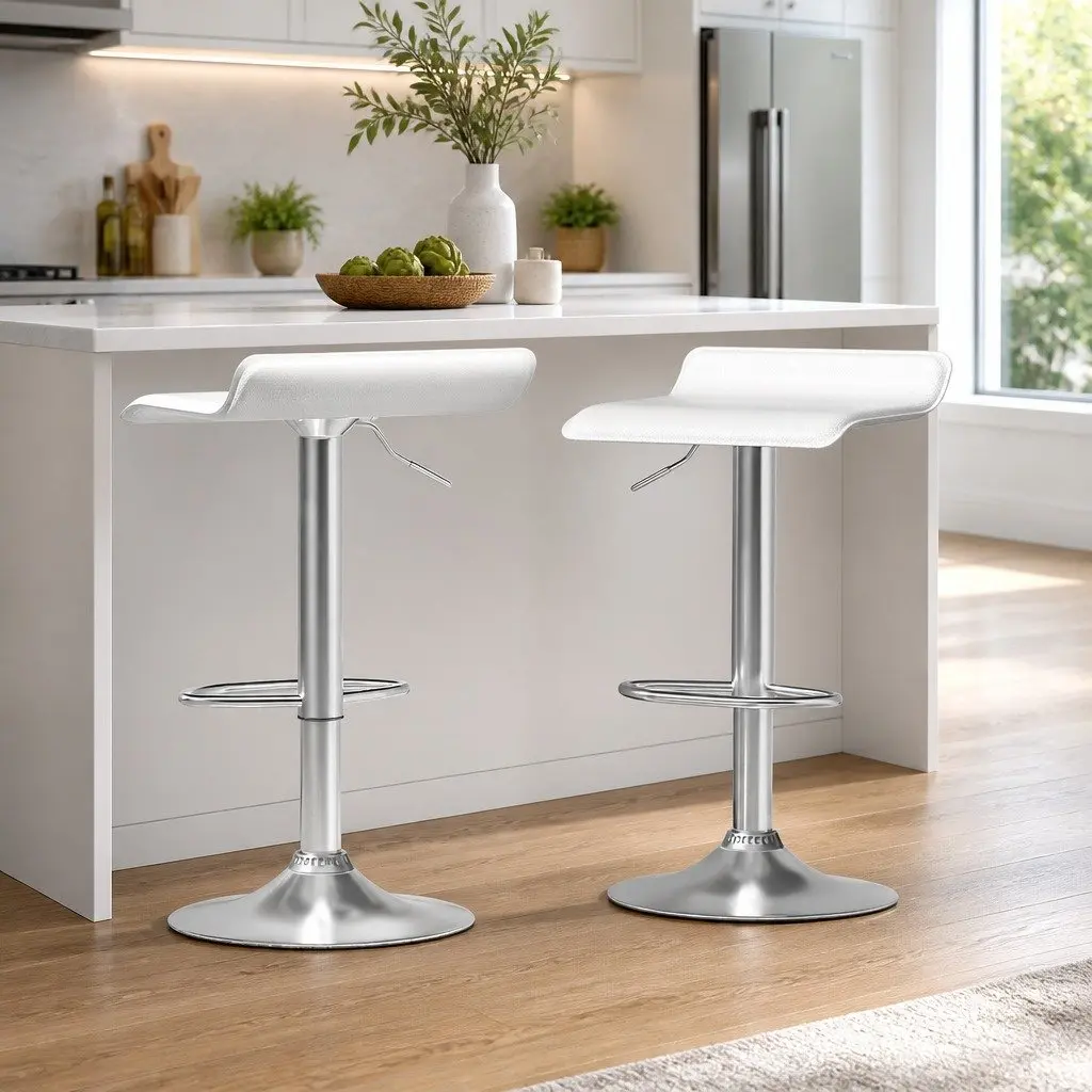 Bar Stools Adjustable Height Swivel Chair White PU Leather 2 Piece
