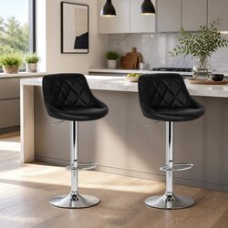 Comfortable Black Leather Bar Stools with Swivel and Lift - Set of 2