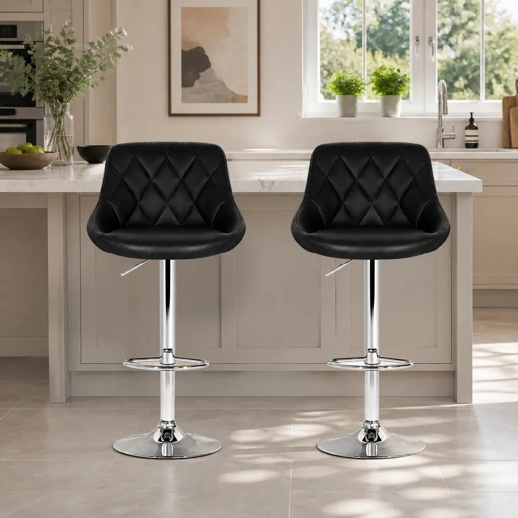 Black Leather Padded Bar Stools Set of 2 Gas Lift Swivel Chairs with Contoured Backrest and Chrome Base