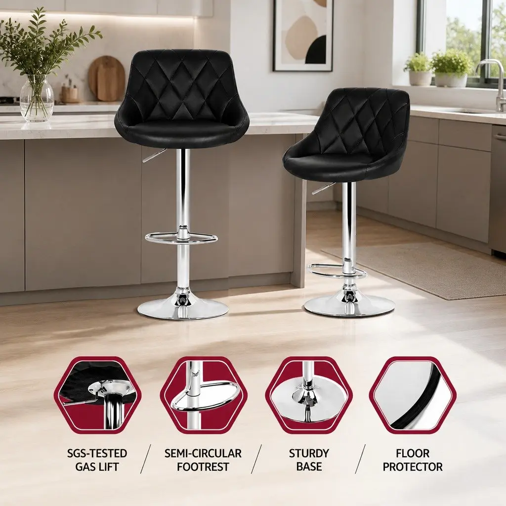 Black Leather Padded Bar Stools Set of 2 Gas Lift Swivel Chairs with Contoured Backrest and Chrome Base