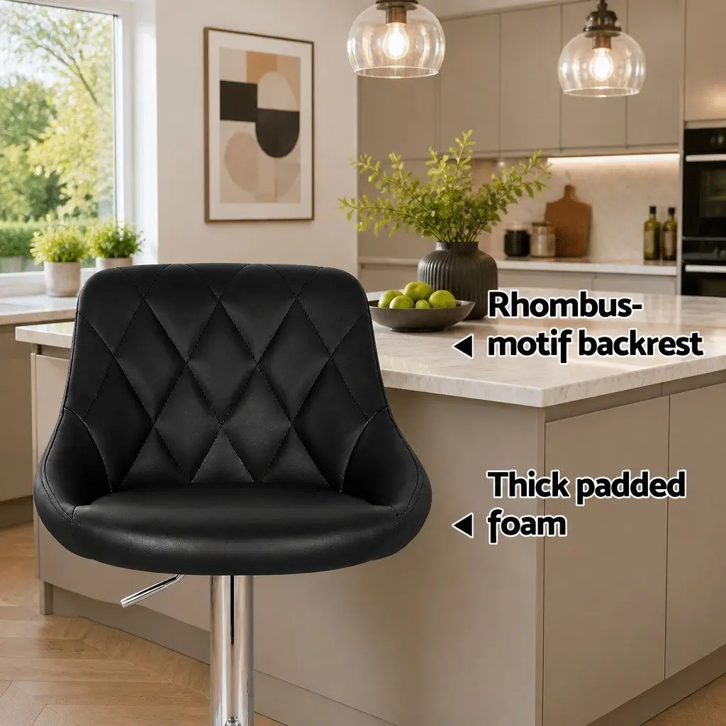 Black Leather Padded Bar Stools Set of 2 Gas Lift Swivel Chairs with Contoured Backrest and Chrome Base