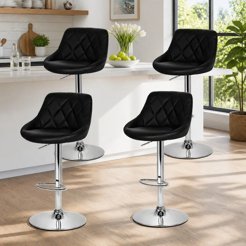 Bar Stools x4 Black Padded Gas Lift Swivel Chair Kitchen Dining Seat Set