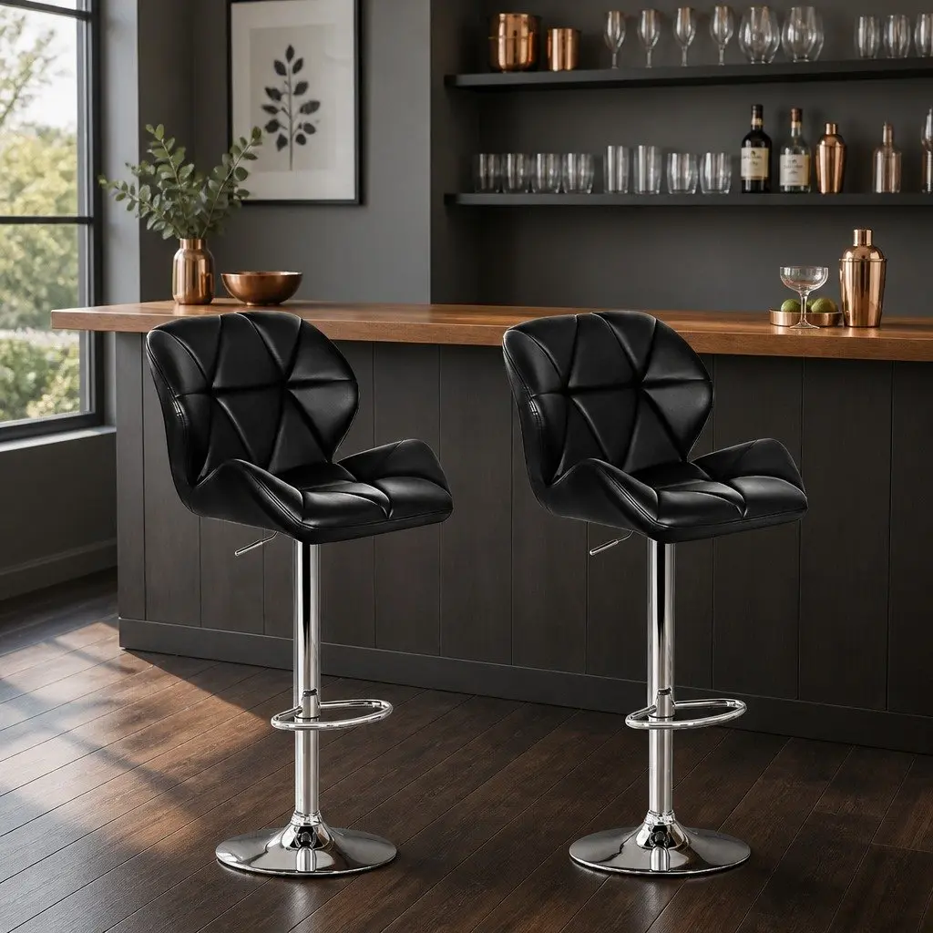 Bar Stools Gas Lift Adjustable Height 360 Swivel Padded Faux Leather Black