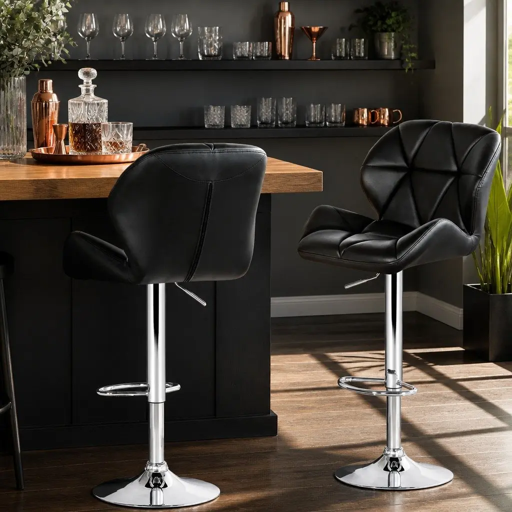 Bar Stools Gas Lift Adjustable Height 360 Swivel Padded Faux Leather Black