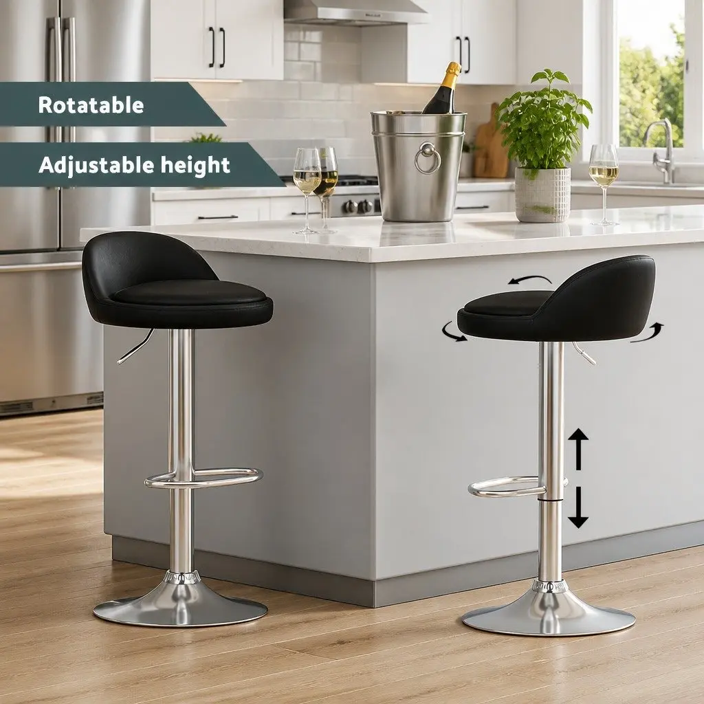 Bar Stools Set of 4 Adjustable Height Swivel PU Leather Black