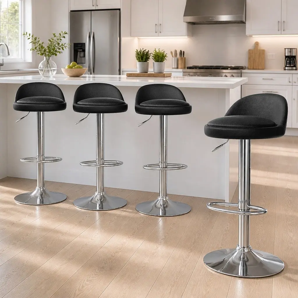 Bar Stools Set of 4 Adjustable Height Swivel PU Leather Black