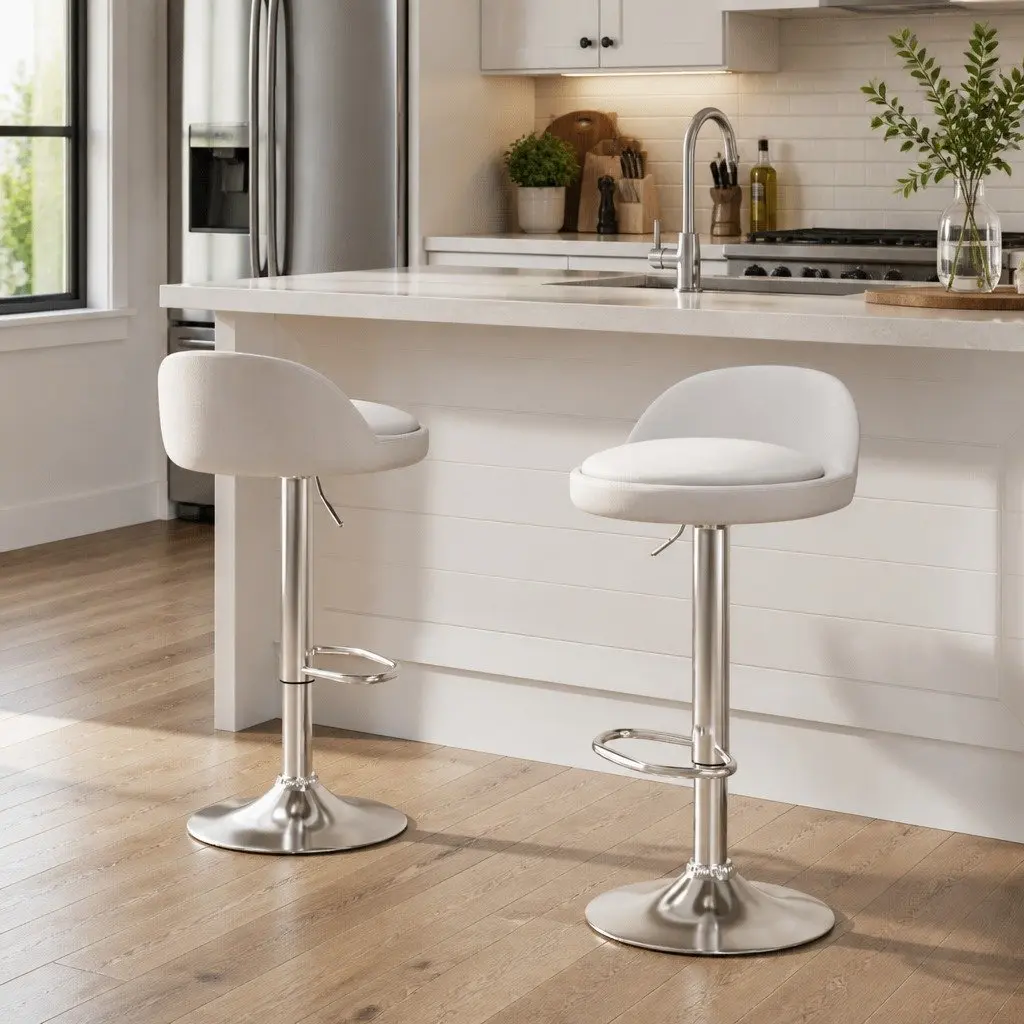 Bar Stools Adjustable Height Swivel White PU Leather 2 Piece