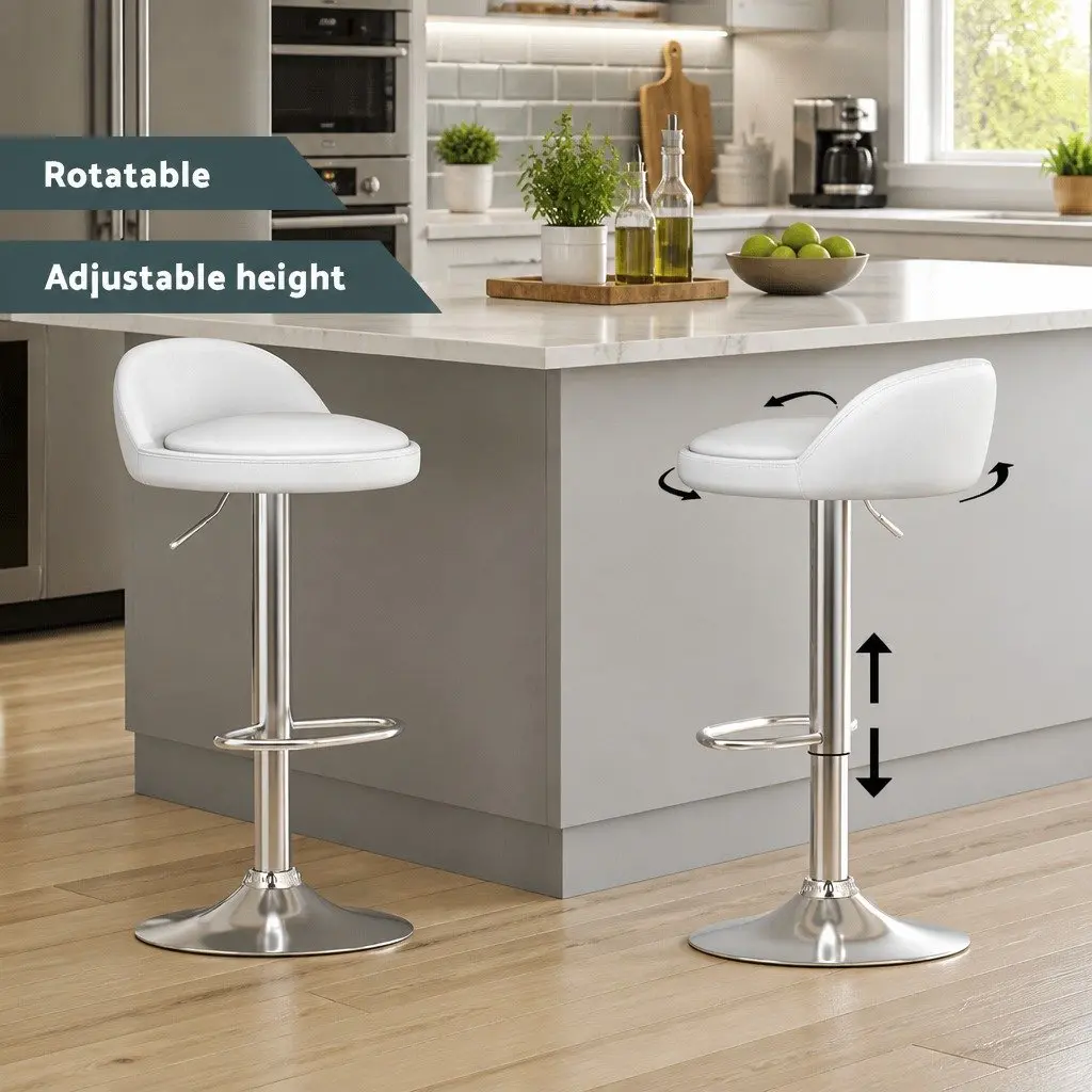 Bar Stools Adjustable Height Swivel White PU Leather 2 Piece