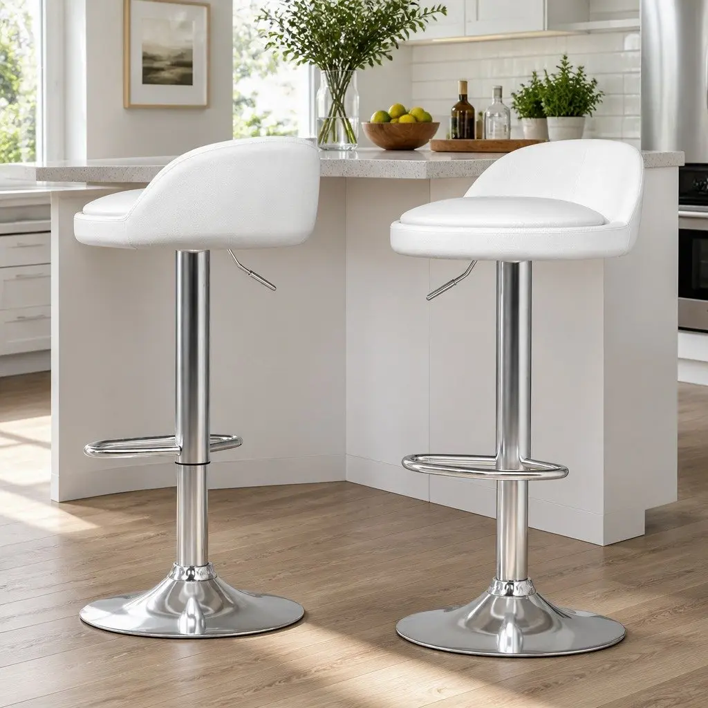 Bar Stools Adjustable Height Swivel White PU Leather 2 Piece