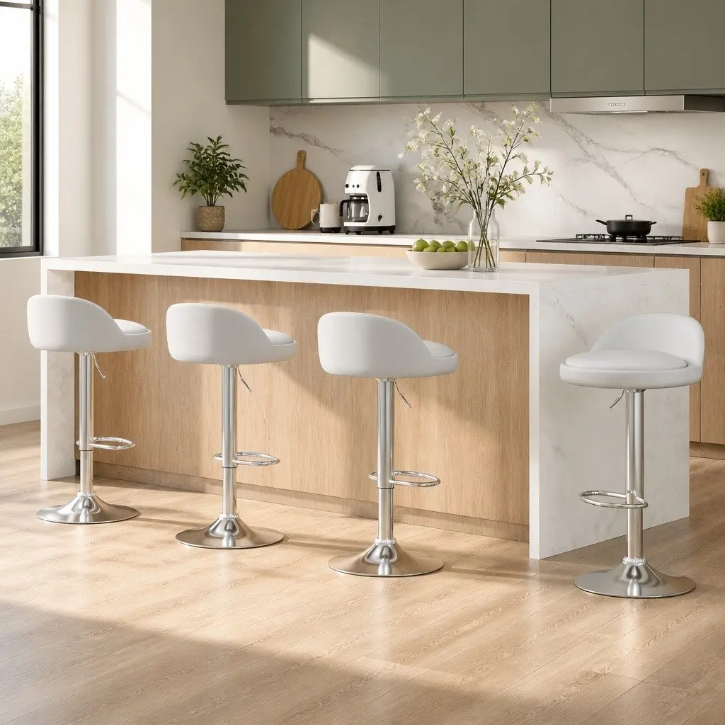 Bar Stools Adjustable Height Swivel 4 Piece White PU Leather Kitchen Dining