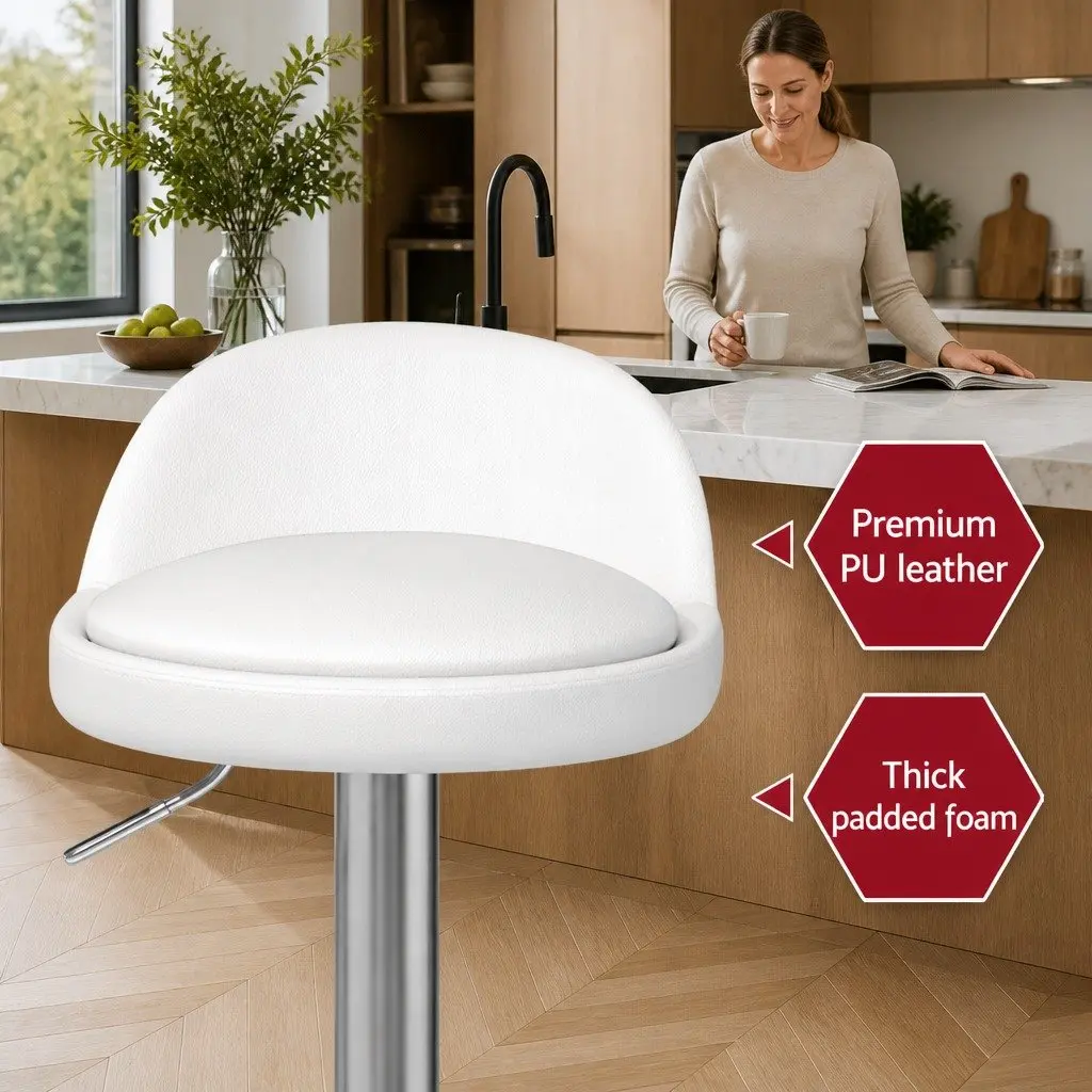 Bar Stools Adjustable Height Swivel 4 Piece White PU Leather Kitchen Dining
