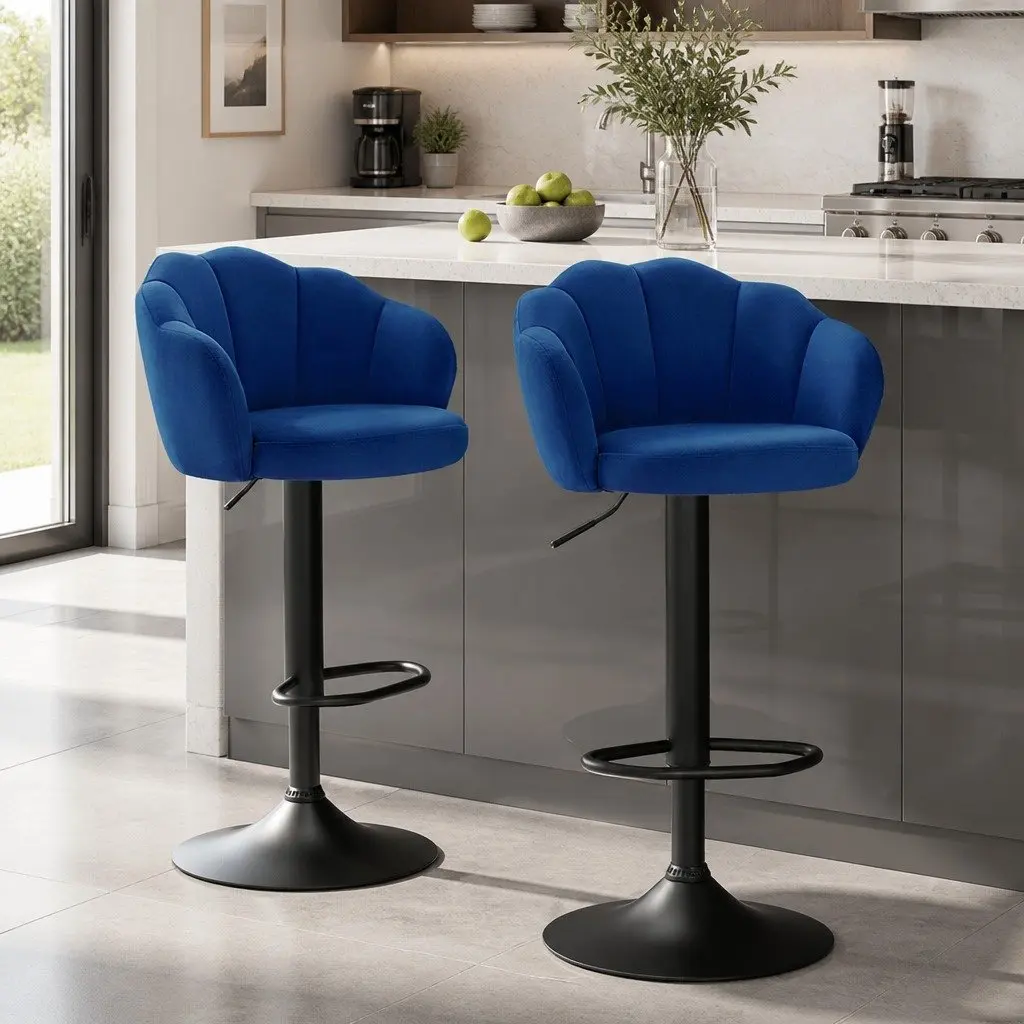 Bar Stools Gas Lift Velvet Blue Clam Shell Design 360 Swivel Adjustable Height