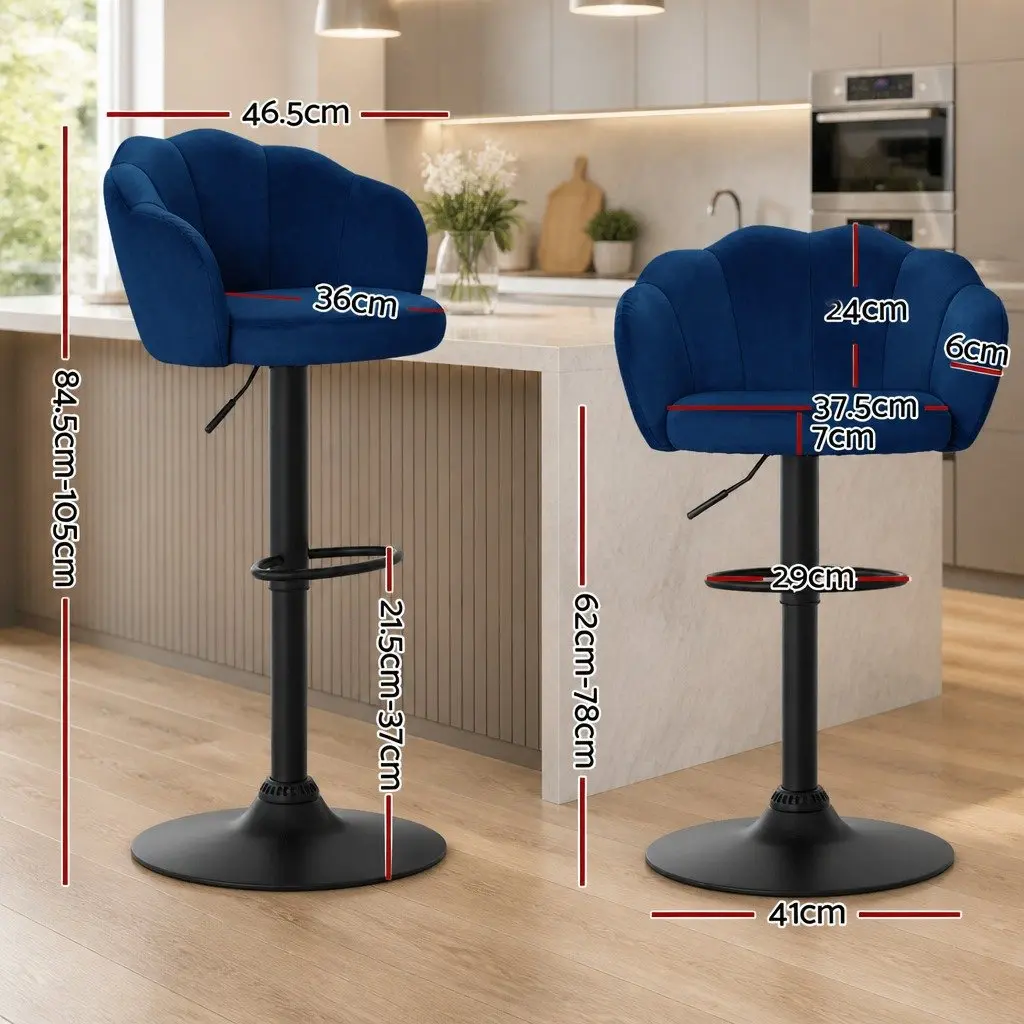 Bar Stools Gas Lift Velvet Blue Clam Shell Design 360 Swivel Adjustable Height