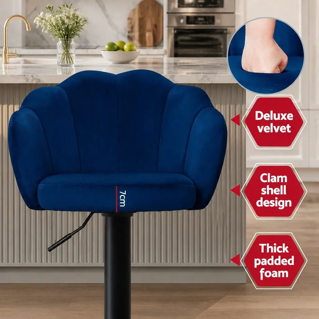 Bar Stools Gas Lift Velvet Blue Clam Shell Design 360 Swivel Adjustable Height