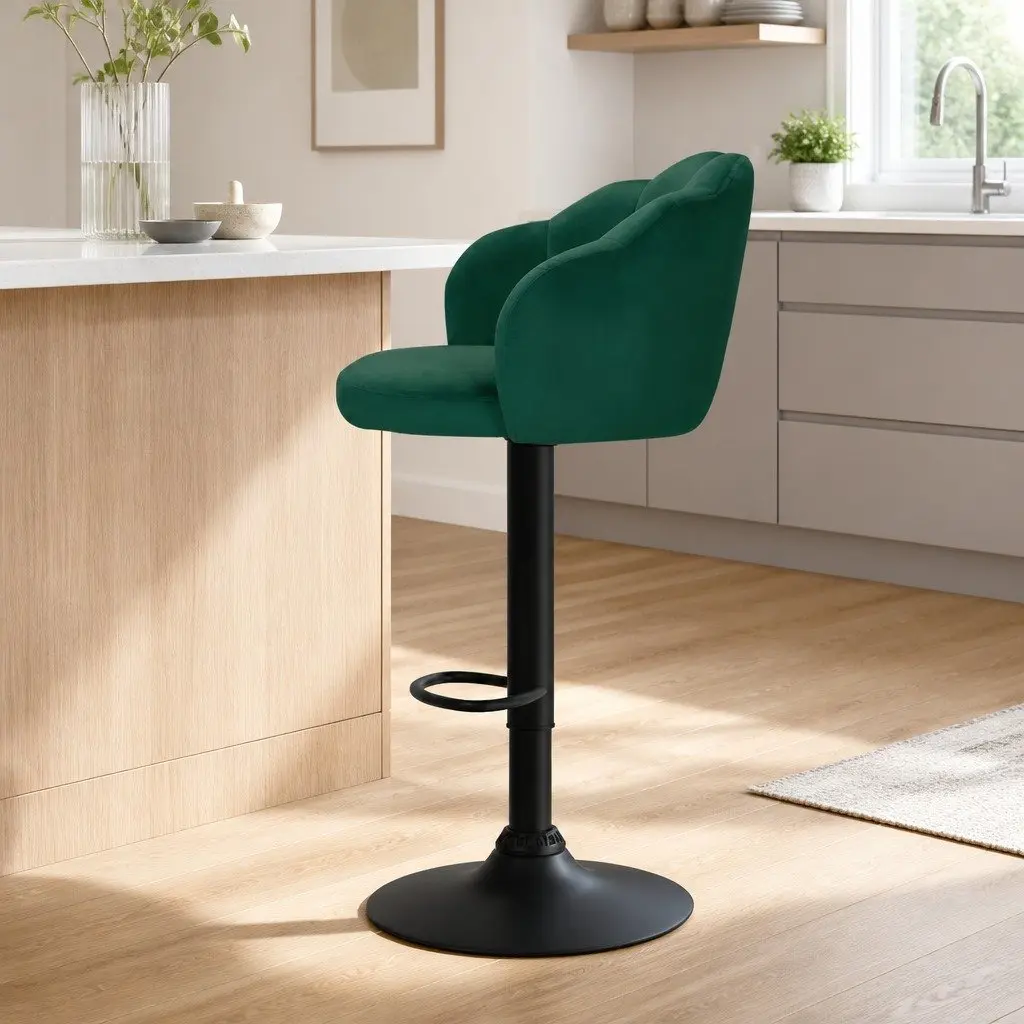 Bar Stools Velvet Green Swivel Chair Adjustable Height 2 Piece