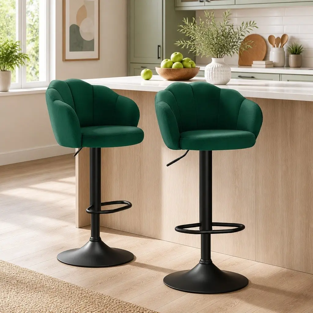 Bar Stools Velvet Green Swivel Chair Adjustable Height 2 Piece