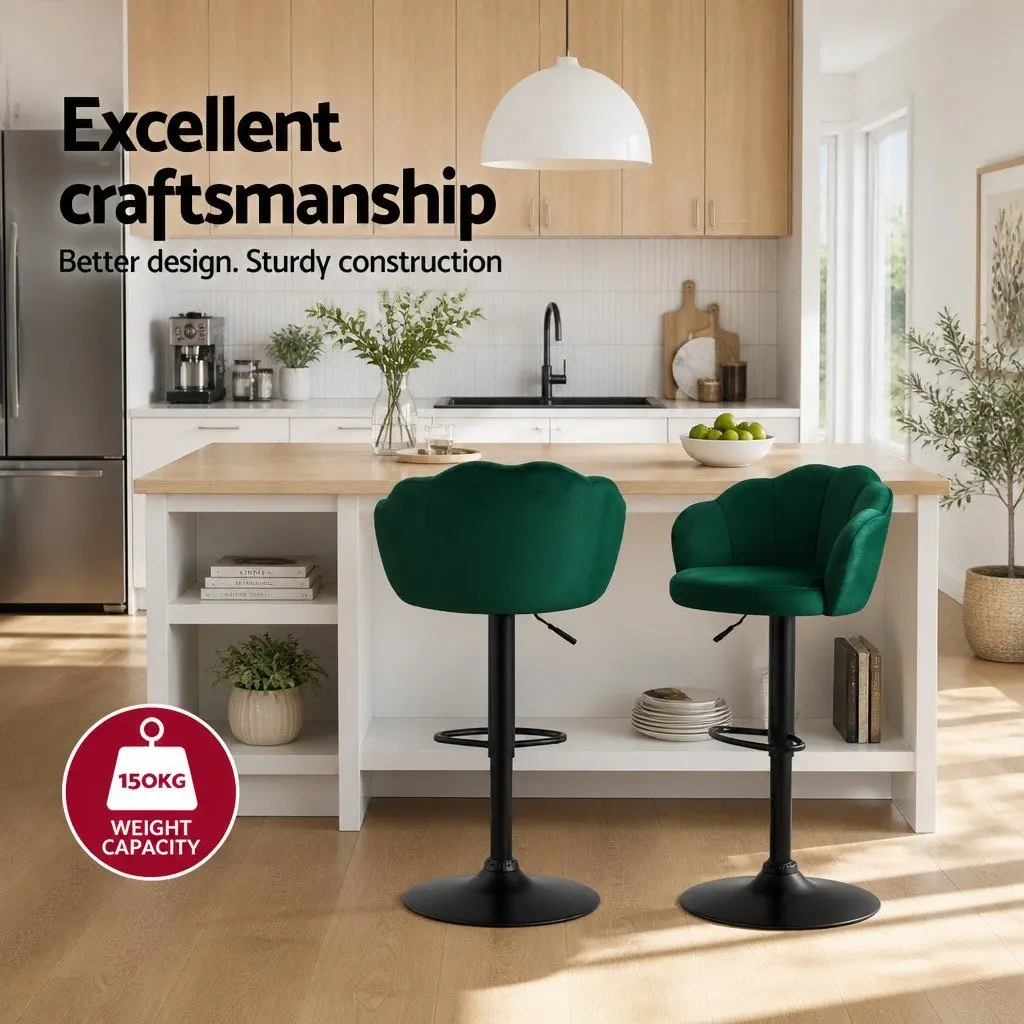 Bar Stools Velvet Green Swivel Chair Adjustable Height 2 Piece