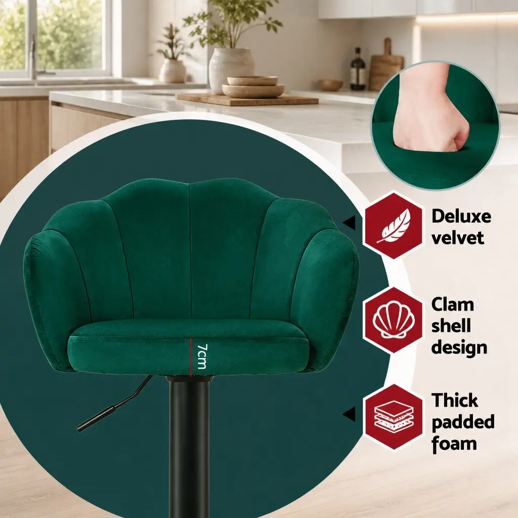 Bar Stools Velvet Green Swivel Chair Adjustable Height 2 Piece