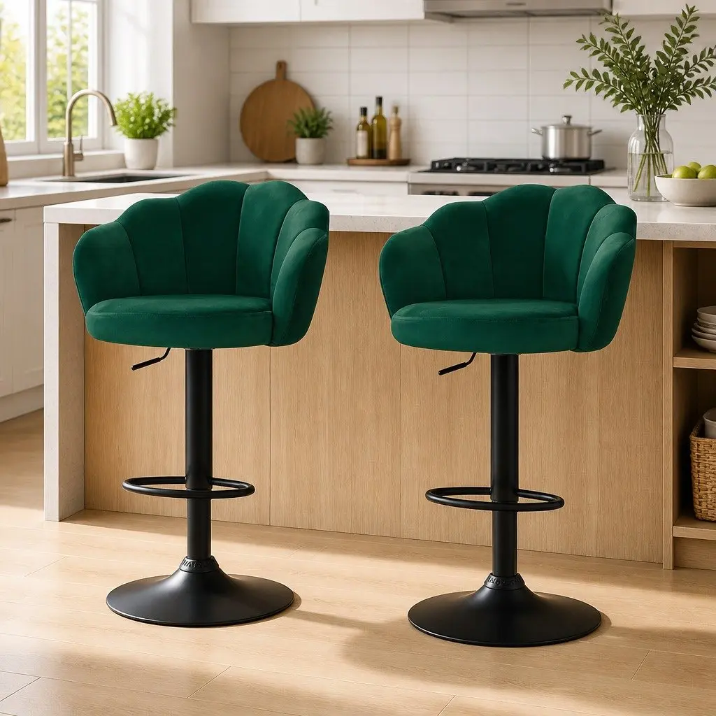 Bar Stools Velvet Green Swivel Chair Adjustable Height 2 Piece