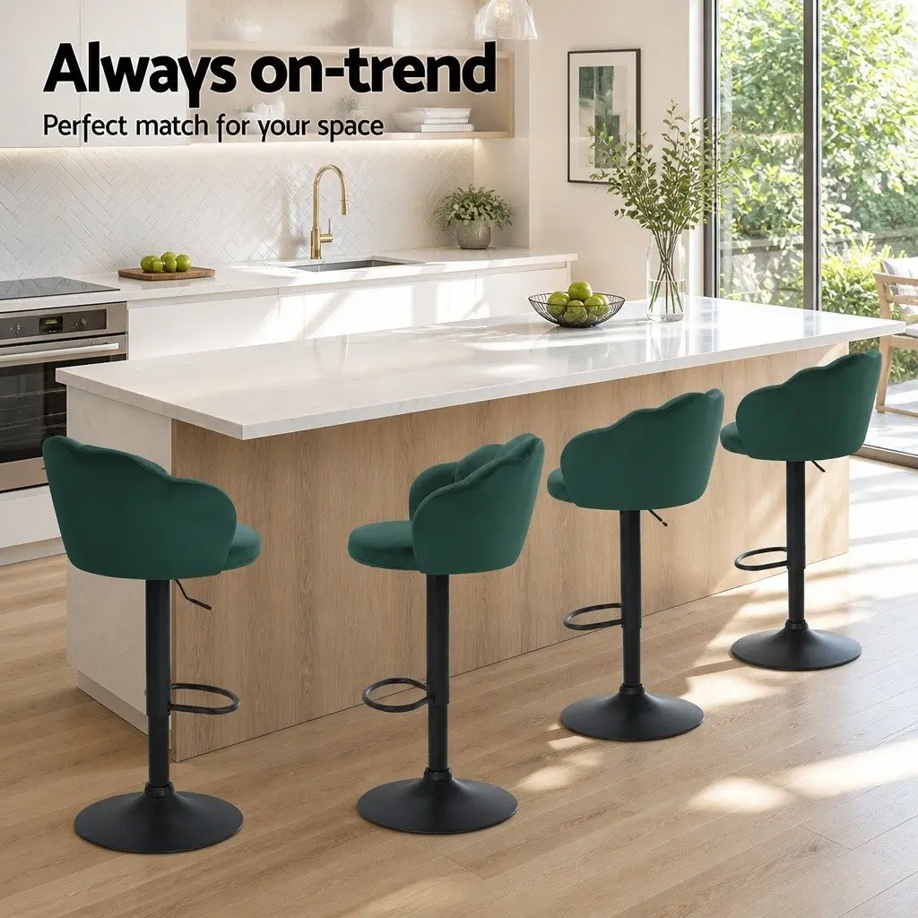 Bar Stools Set of 4 Gas Lift Swivel Clam Shell Design Green Velvet Seats