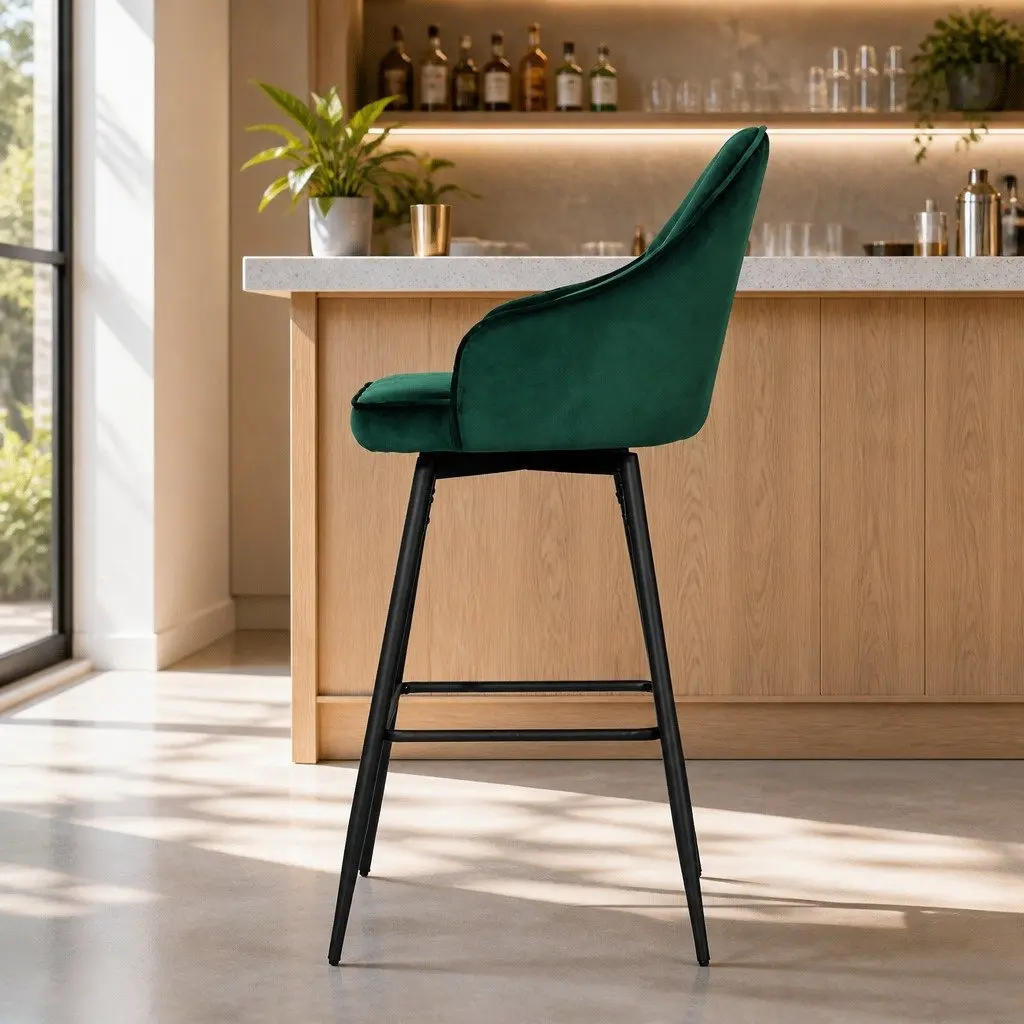 Bar Stools Swivel Velvet Padded Back 72cm Green Metal Legs 2 Piece