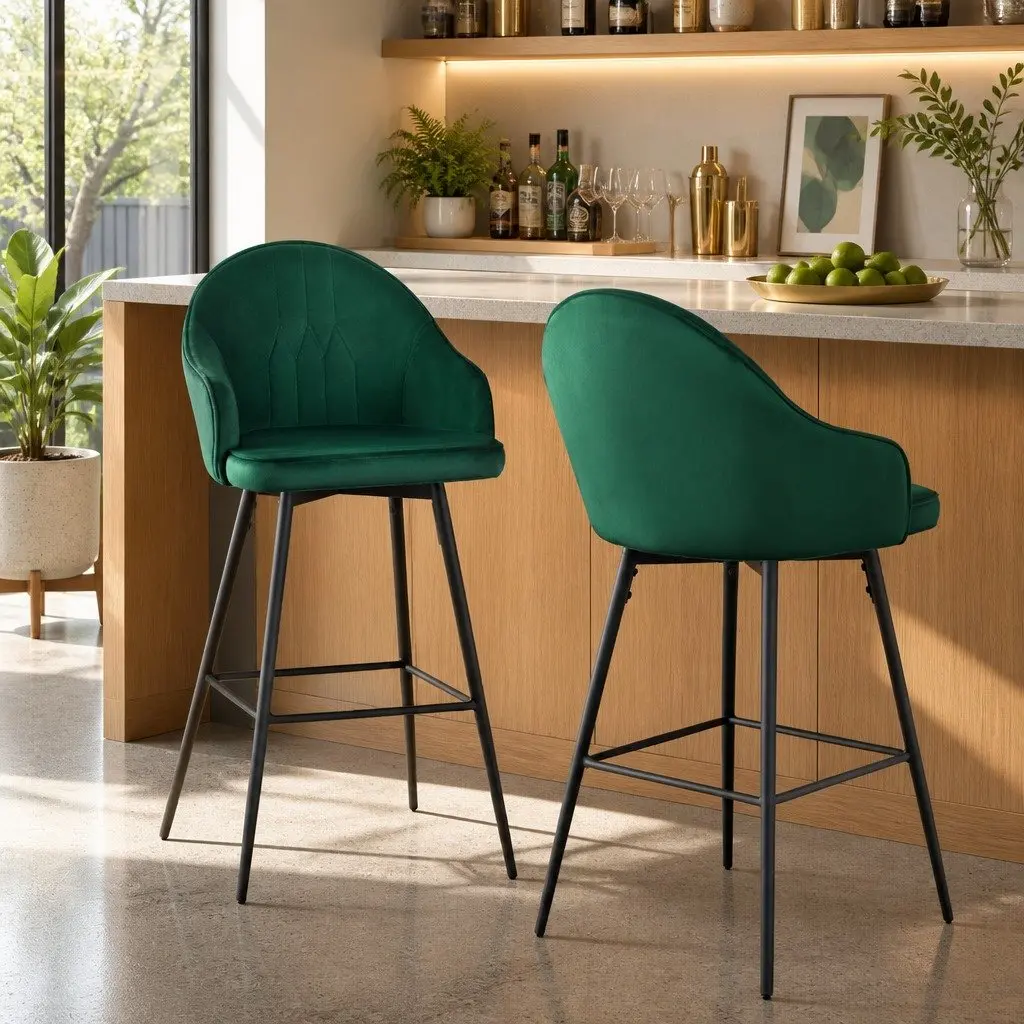 Bar Stools Swivel Velvet Padded Back 72cm Green Metal Legs 2 Piece