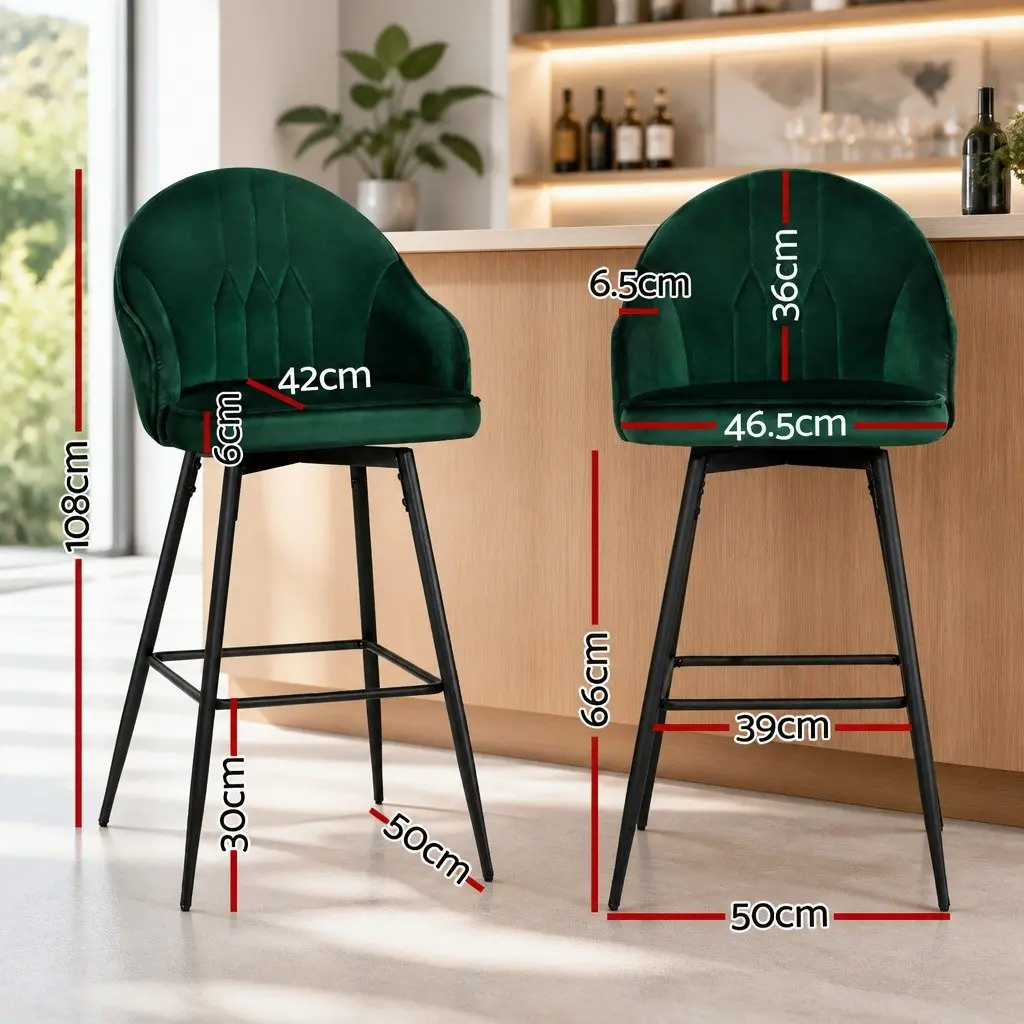 Bar Stools Swivel Velvet Padded Back 72cm Green Metal Legs 2 Piece