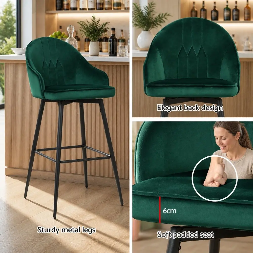 Bar Stools Swivel Velvet Padded Back 72cm Green Metal Legs 2 Piece